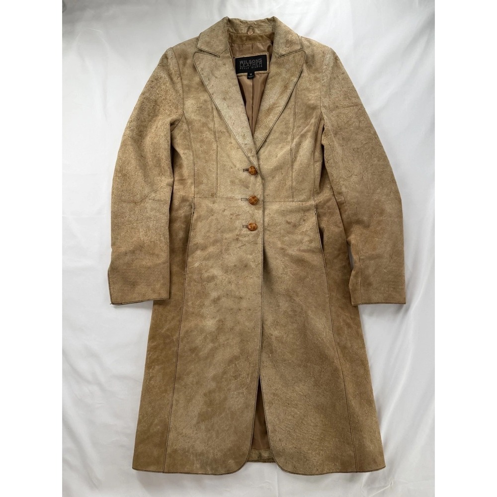 Wilsons Leather Pelle Studio Suede Long Coat Womens M Tan Button Front - AS IS